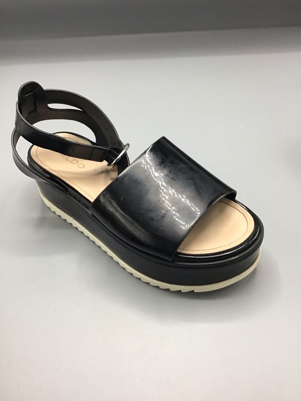 ALDO Black Patent Platform Sandal with Cream Sole